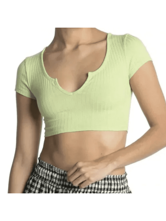 Notch Neck Ribbed Knit Cropped T-Shirt, Size 2