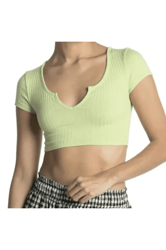 Notch Neck Ribbed Knit Cropped T-Shirt, Size 2