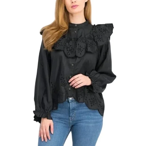 Topshop Women's Long Sleeve Ruffle Eyelet Bib Trim Button Down Blouse - (Black, US 8)