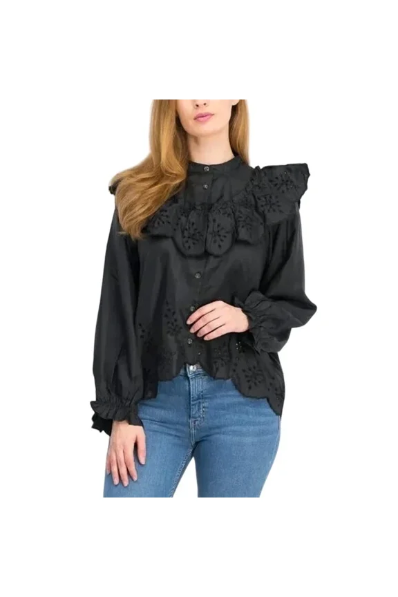 Women's Long Sleeve Ruffle Eyelet Bib Trim Button Down Blouse - (Black, US 8)