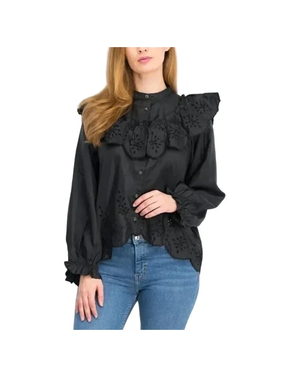 Women's Long Sleeve Ruffle Eyelet Bib Trim Button Down Blouse - (Black, US 8)