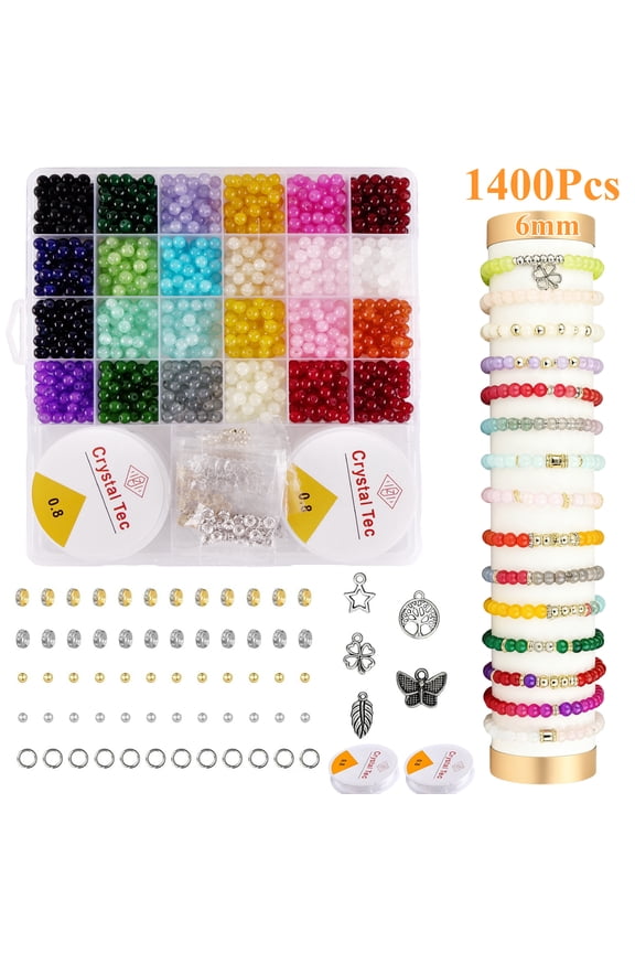 1400pcs 6mm Glass Beads for Jewelry Making, 24 Colors Round Crystal Beads Bracelet Making Kit, DIY Jewelry Beads for Bracelets, Necklaces and Crafts with Spacer Beads and Charms