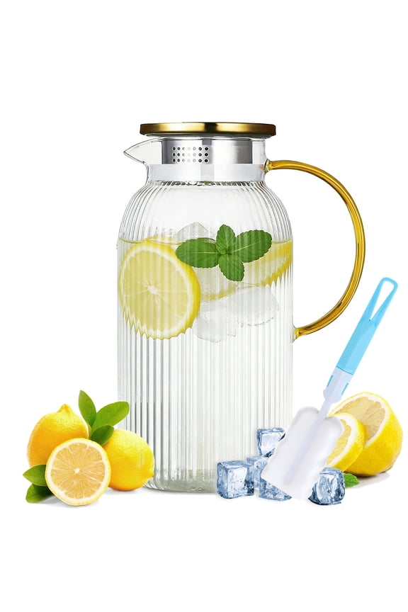 2 Liter 68 oz Glass Pitcher with Lid, Classic Vertical Stripes Water Pitcher with Handle for Fridge, Glass Pitcher for Hot and Cold Beverages, Tea, Juice, Cold Brew Coffee, Milk