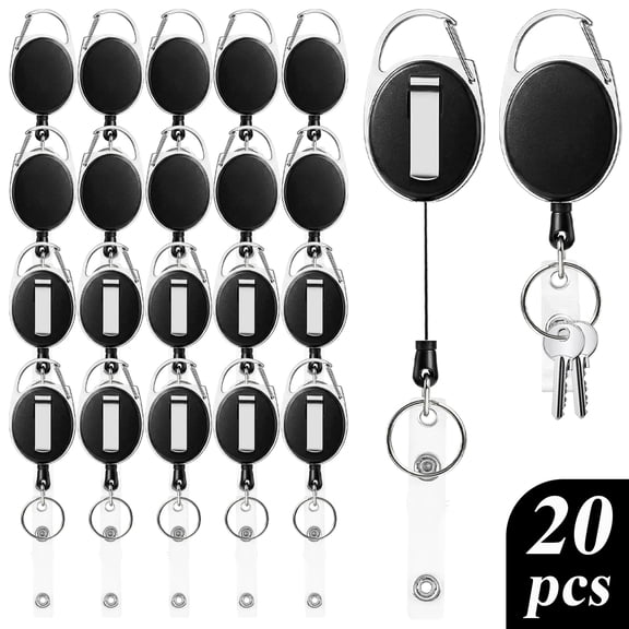 Topsome 20 Pack Badge Reel, Retractable with Carabiner Belt Clip and Key Ring, Reel Badge Retractable Key Holder Bulk for Office Work Employee, Nurses, Teachers, Black