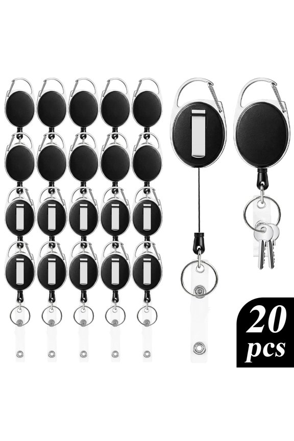 20 Pack Badge Reel, Retractable with Carabiner Belt Clip and Key Ring, Reel Badge Retractable Key Holder Bulk for Office Work Employee, Nurses, Teachers, Black