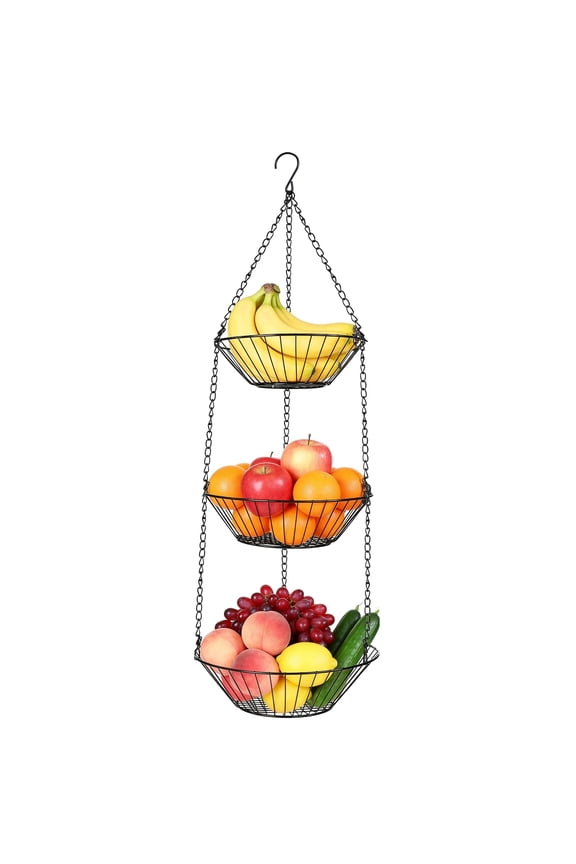 3 Tier Hanging Fruit Basket for Kitchen, Hanging Produce Basket with Sturdy Metal Chain Heavy Duty Wire Basket Organizer Space Saving Fruit and Vegetable Basket Storage, Black