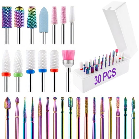 Topsome 30Pcs Nail Drill Bits Set, 3/32 Inch Professional Tungsten Carbide Ceramic Diamond Nail Drill Bits for Acrylic Gel Nails, Cuticle Remover Manicure Pedicure Tools for Home and Salon Use