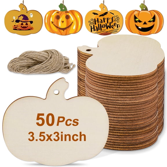 Topsome 50 Pcs Unfinished Wooden Pumpkins for Crafts, Blank Wood Pumpkin Cutouts to Paint and Decorate, DIY Hanging Ornaments for Halloween Fall Thanksgiving Party Decorations, 3.5 x 3 Inch