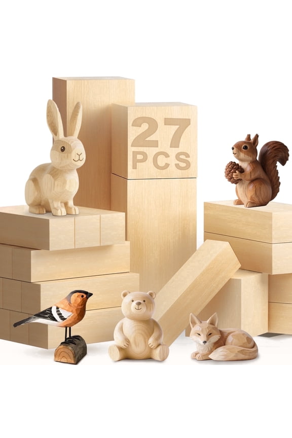 Basswood Carving Blocks, 27 PCS Whittling Wood Carving Kit for Crafts with 3 Different Sizes and Pattern Sticker, Soft Unfinished Wooden Blocks for Beginners