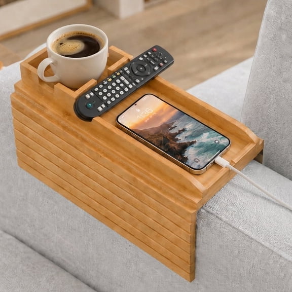 Topsome Couch Cup Holder, 2 in 1 Foldable Couch Arm Tray with Detachable Couch Tray, Non-Slip Sofa Cup Holder For Armrests Over 4.5", Wood Sofa Tray Table for Drinks, Snacks, Remotes & Phones