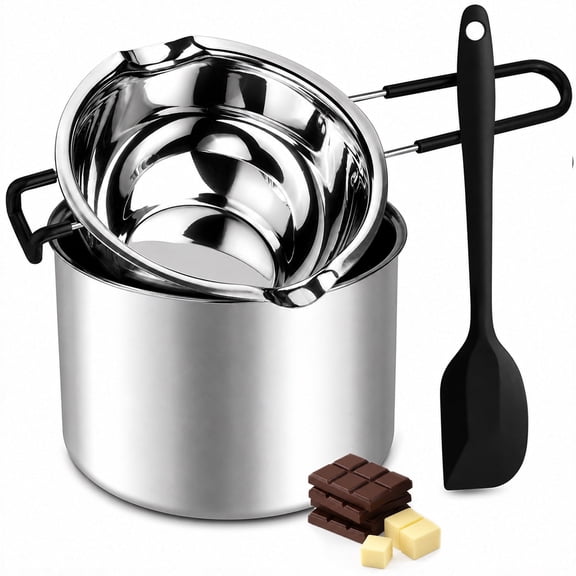 Topsome Double Boiler Pot Set, 304 Stainless Steel Chocolate Melting Pot with Silicone Spatula, 2 Pcs Candy Melting Pot Set for Butter, Cheese, Caramel, Wax and Candle Making (600ML and 1600ML)