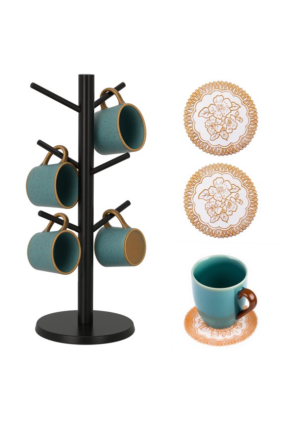 Mug Holder with 6 Hooks, Coffee Mug Tree Stand Decorative Racks with Coasters, Non-Slip Mug Organizer for Coffee Bar Accon-Slip Mug Organizer for Home