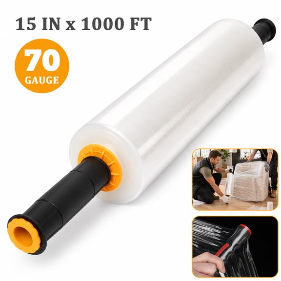 Topsome Plastic Stretch Wrap for Moving, 15 Inch x 1000ft Moving Wrapping Plastic Roll with Handles, Heavy Duty Shrink Wrap for Shipping Packaging, Clear Pallet Stretch Film, 70 Gauge