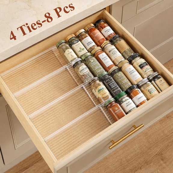 Topsome Spice Drawer Organizer, 4 Tier- 8 Pack Acrylic Drawer Seasoning Organizer, Expandable from 11'' to 22'' Kitchen Clear Spice Organizer Rack Tray for Drawer/Countertop (Jars not Included)