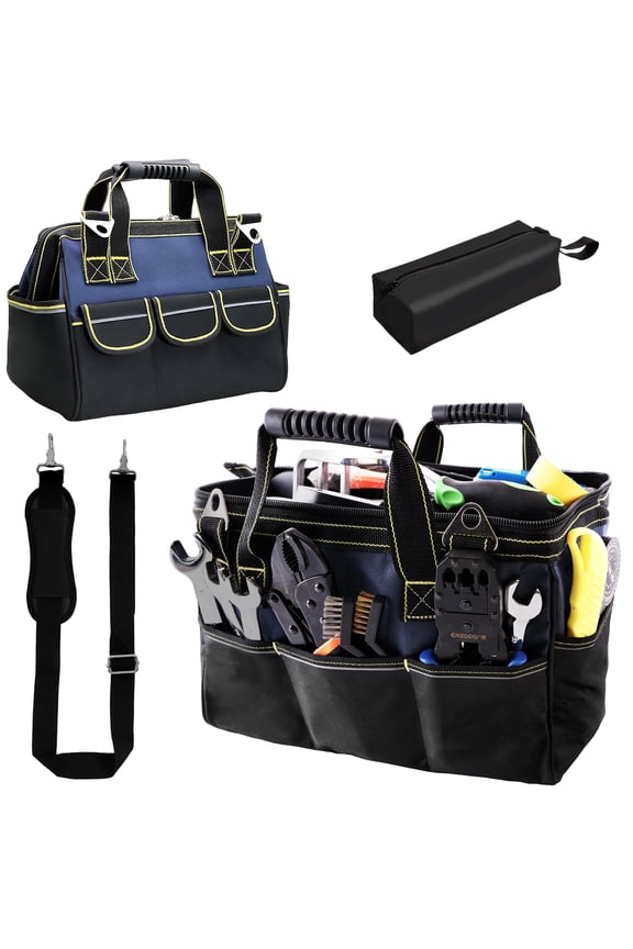 Tool Bag 17 Inch with 1 Pouch, Heavy Duty Wide Mouth Tool Organizer Tote with Multiple Pockets, Adjustable Shoulder Strap, and Waterproof Hard Base for Men, Mechanic, Home and Work Use
