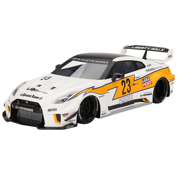 Nissan LB-Silhouette WORKS GT 35GT-RR Ver.1 RHD #23 White w/Yellow Stripes "LB Racing" 1/18 Model Car by Top Speed