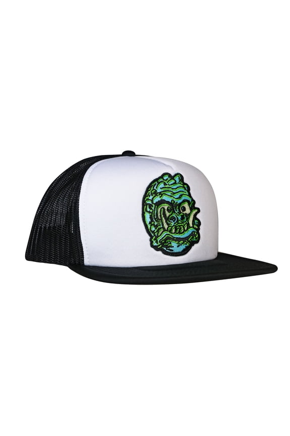 Horror Saber Toothed Space Man Patch Snapback Trucker Hat White