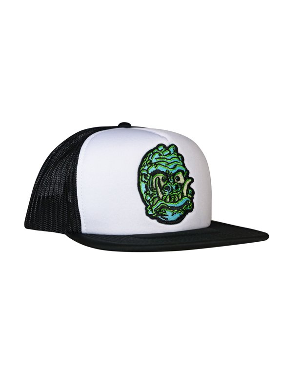 Horror Saber Toothed Space Man Patch Snapback Trucker Hat White