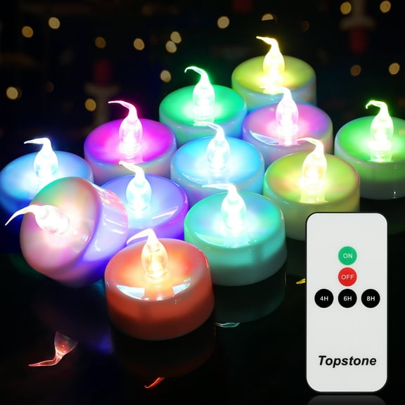 Topstone Multi Color Electric Candles with Remote,Flickering Battery Operated Tea Lights Candles ,Flameless Candles with Timer for Christmas Decoration ,12 Count