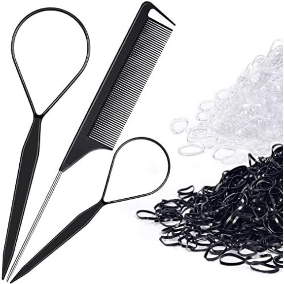 Topsy Tail Hair Tool Set by  - 400 count Hair Bands, 2 count Loop Styling Tools, Rat Tail Comb, (200pcs Each) Clear and Black Elastics