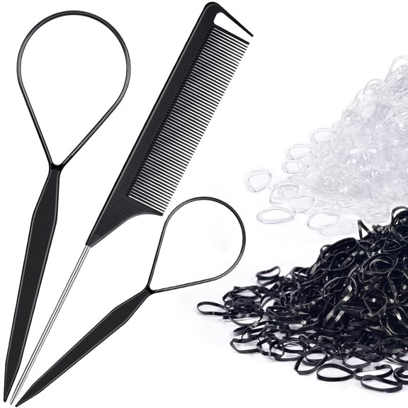 Topsy Tail Hair Tool Set by - 400pcs Hair Bands, 2pcs Loop Styling Tools, Rat Tail Comb, (200pcs Each) Clear and Black Elastics