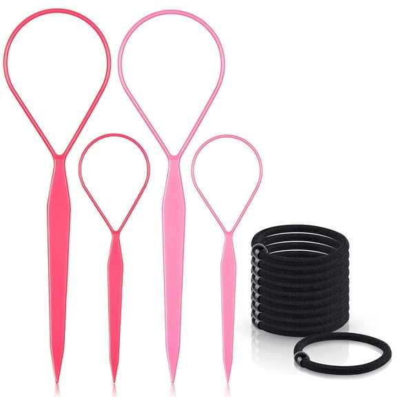 Topsy Tail Hair Tools, 4 Pcs Topsy Tail Hair Loop Styling Tool, Hair Flip Tool with 10pcs Hair Ties, Pink