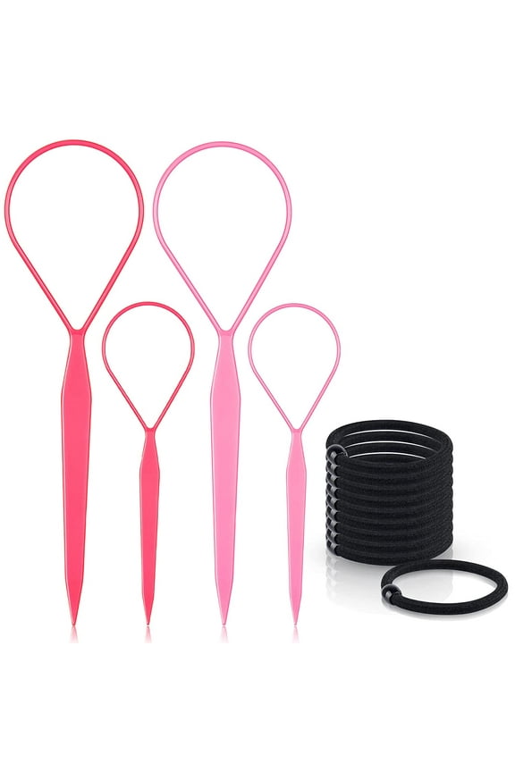 Topsy Tail Hair Tools, 4 Pcs Topsy Tail Hair Loop Styling Tool, Hair Flip Tool with 10pcs Hair Ties, Pink