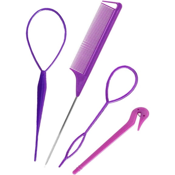 Topsy Tail Hair Tools, 4pcs Hair Styling Tools for Girls, 2pcs French Braiding Tool Hair Loop Styling Tool 1pc Elastic Hair Bands Cutter, 1pc Rat Tail Comb for Children Girls(Purple)