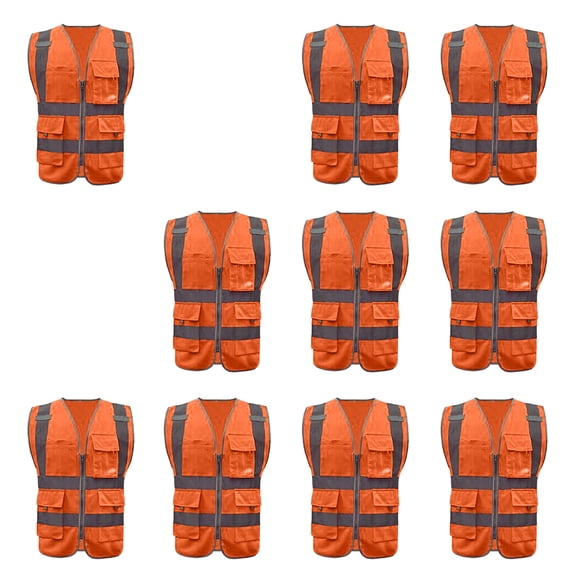 Toptie 10 Packs High Visibility Safety Reflective Vest with 9 Pockets and Zipper, Meets ANSI Standards-Orange-XL