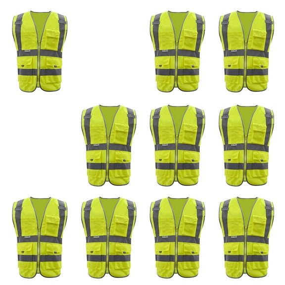 Toptie 10 Packs High Visibility Safety Reflective Vest with 9 Pockets and Zipper, Meets ANSI Standards-Yellow-L