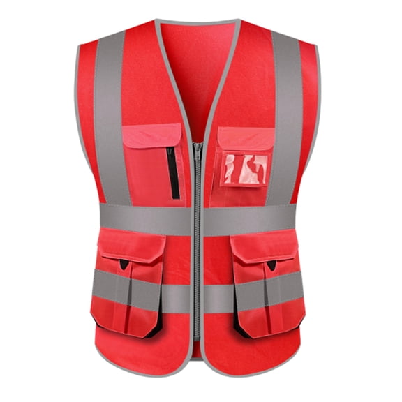 Toptie 10 Pockets High Visibility Safety Vest, Reflective Trim Safety Vest-Red-L