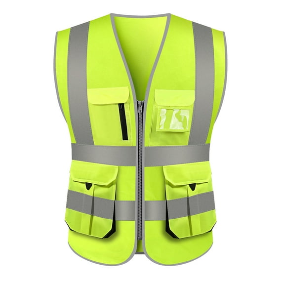 Toptie 10 Pockets High Visibility Safety Vest, Reflective Trim Safety Vest-Yellow-L