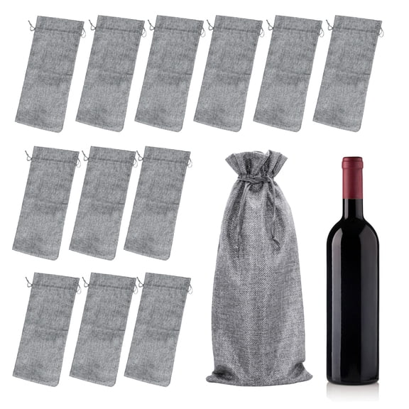 Toptie 12 Pcs Burlap Drawstring Bags 14 x 6 Inches for Wine Bottle Champagne 750ml, Hessian Gift Bags