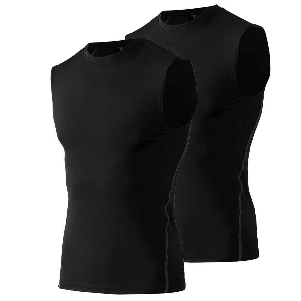 Toptie 2 Pack Mens Sport Compression Base Layer, Athletic Sleeveless T-Shirt-02#Black-L