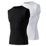 Toptie 2 Pack Mens Sport Compression Base Layer, Athletic Sleeveless T-Shirt-02#Black/White-S