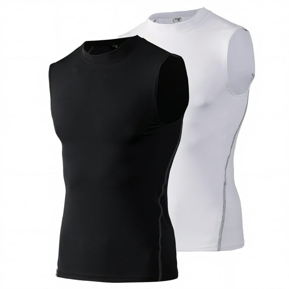 Toptie 2 Pack Mens Sport Compression Base Layer, Athletic Sleeveless T-Shirt-02#Black/White-XXL