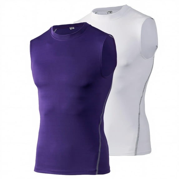 Toptie 2 Pack Mens Sport Compression Base Layer, Athletic Sleeveless T-Shirt-02#White/Purple-XXL