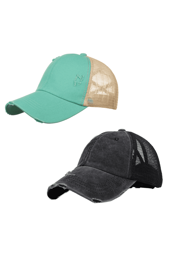 2 Pack Ponytail Hat Mesh Baseball Cap Adjustable High Messy Bun Ponycap-Black & Green