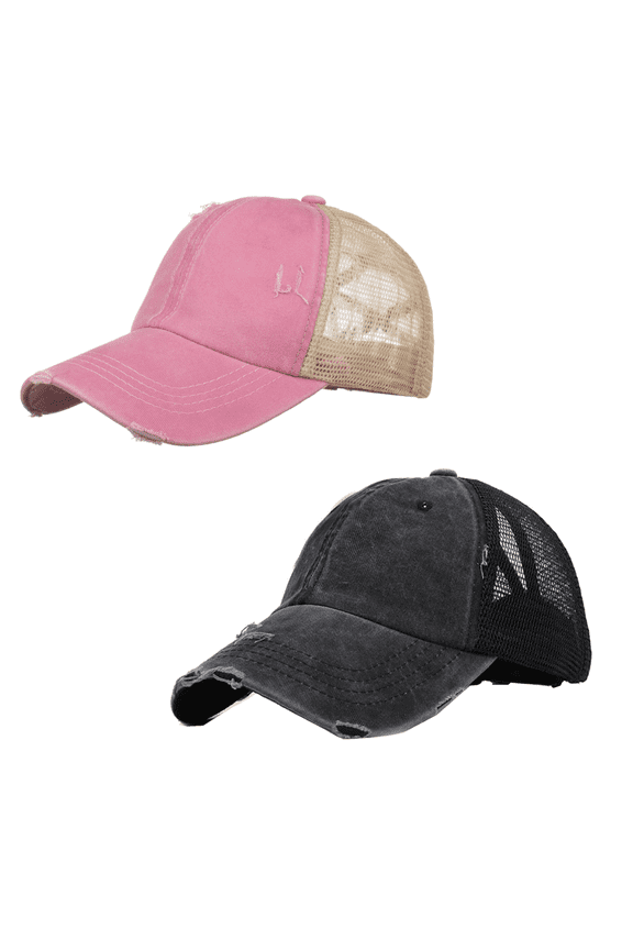 2 Pack Ponytail Hat Mesh Baseball Cap Adjustable High Messy Bun Ponycap-Black & pink