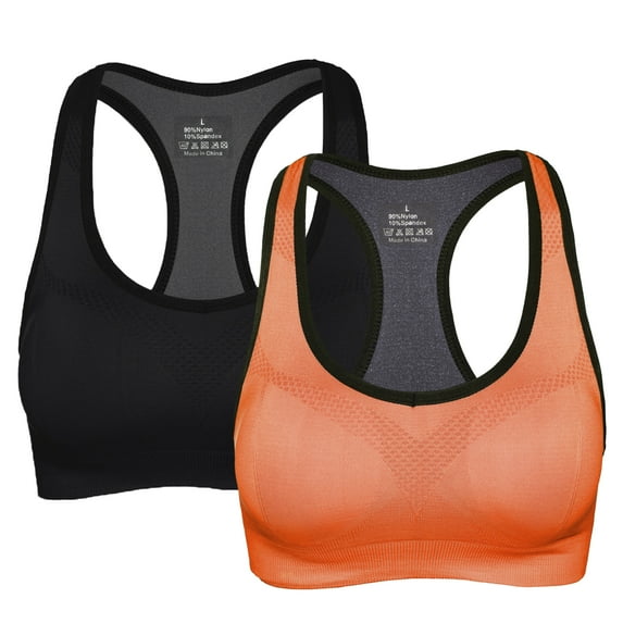 Toptie 2 Pack Racerback Sports Bras, Ladies High-support Bras-Black + Orange-L Fit 38C 38D 40A 40B 40C 40D