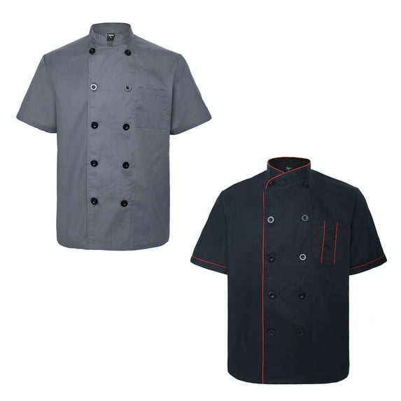 Toptie 2 Pack Unisex Short Sleeve Chef Coat Jacket,Black With Red / Dark Gray