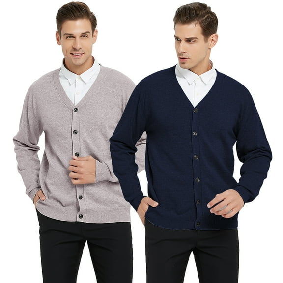 Toptie 2 Pack Window Clerk Sweater Cardigan For Men, Work Uniform Cotton V-Neck Sweater Cardigan-BEIGE NAVY-S