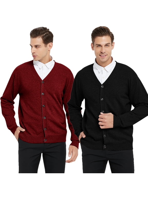 2 Pack Window Clerk Sweater Cardigan For Men, Work Uniform Cotton V-Neck Sweater Cardigan-black red-L