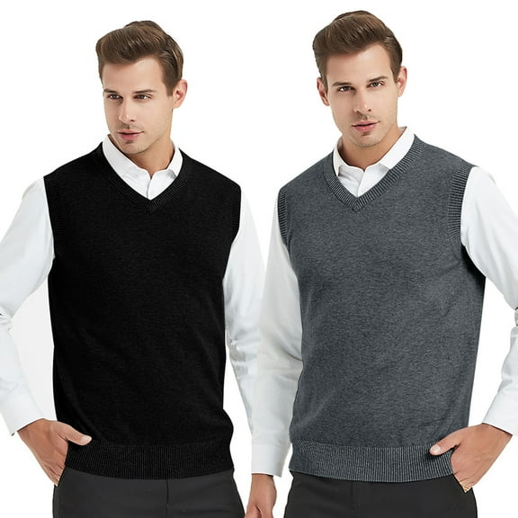 Toptie 2 Pack Window Clerk Sweater Vests For Men, Work Uniform Cotton V-Neck Sweater Vests-Black Charcoal-2XL