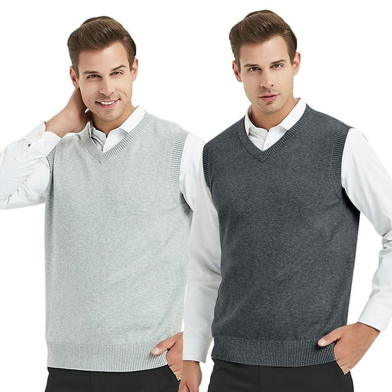 Toptie 2 Pack Window Clerk Sweater Vests For Men, Work Uniform Cotton V-Neck Sweater Vests-Charcoal Grey-L