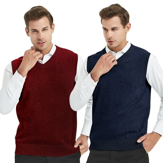 Toptie 2 Pack Window Clerk Sweater Vests For Men, Work Uniform Cotton V-Neck Sweater Vests-NAVY WINERED-L