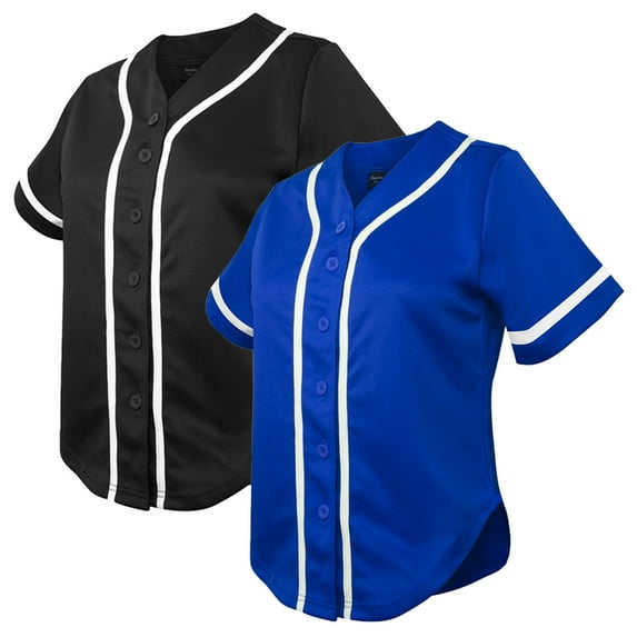 TOPTIE 2 Pack Women's Baseball Jersey Softball Jersey Button Down Shirts-Black Blue-L