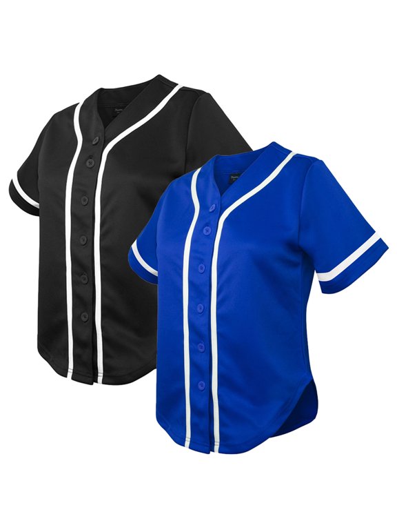 2 Pack Women's Baseball Jersey Softball Jersey Button Down Shirts-Black Blue-XS