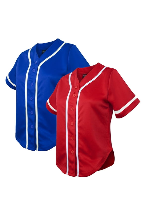 2 Pack Women's Baseball Jersey Softball Jersey Button Down Shirts-Blue Red-S