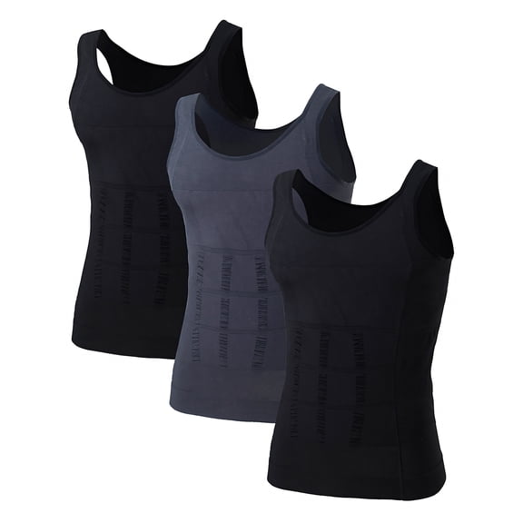 Toptie 3 Pack Men's Slimming Body Shaper Waist Trainer Vest, Chest Gynecomastia Compression Shirt-2 Black+1 Gray-L